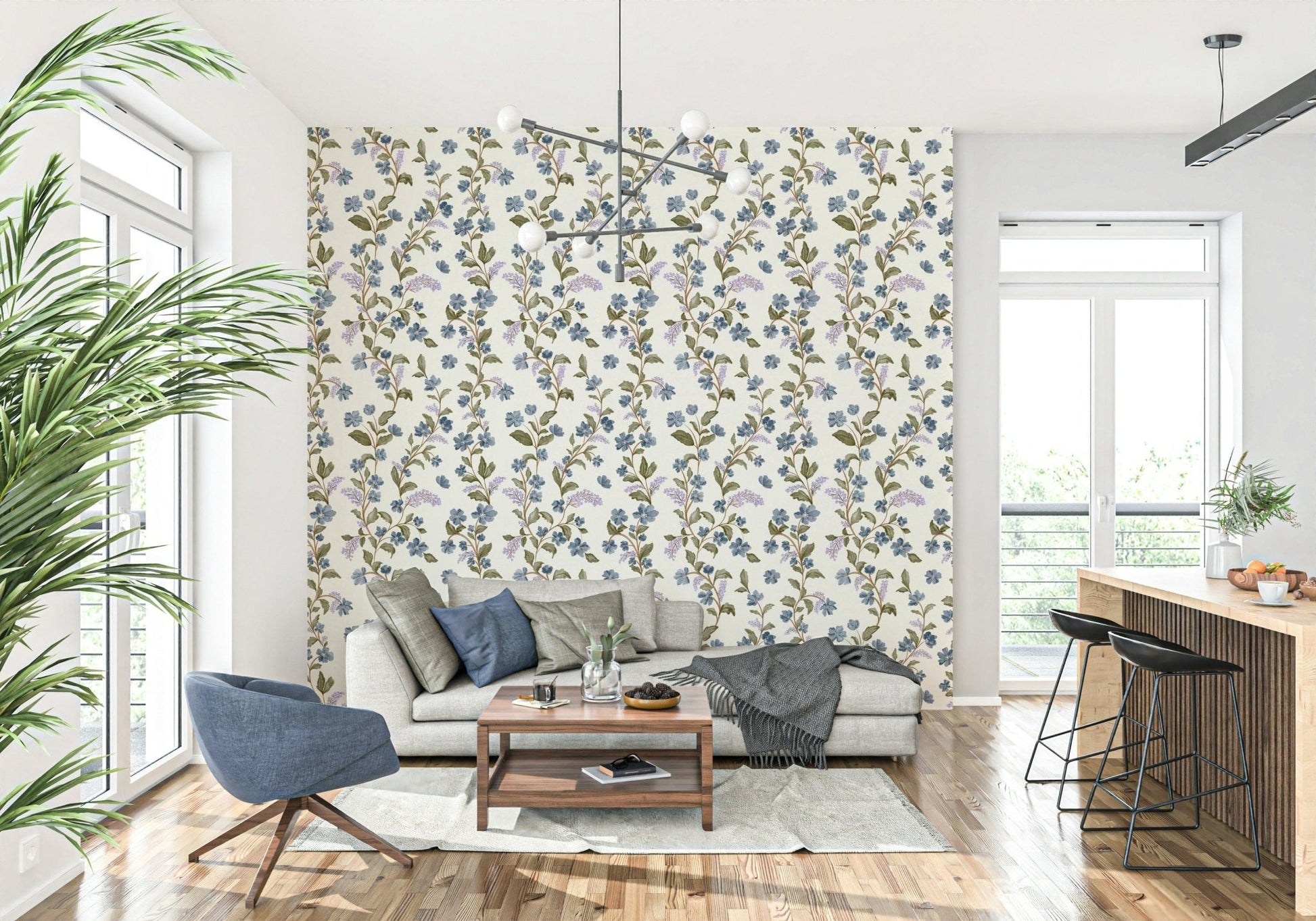 Whimsical bloom Blue Floral Vines custom wallpaper intricate leafy scrollwork pattern