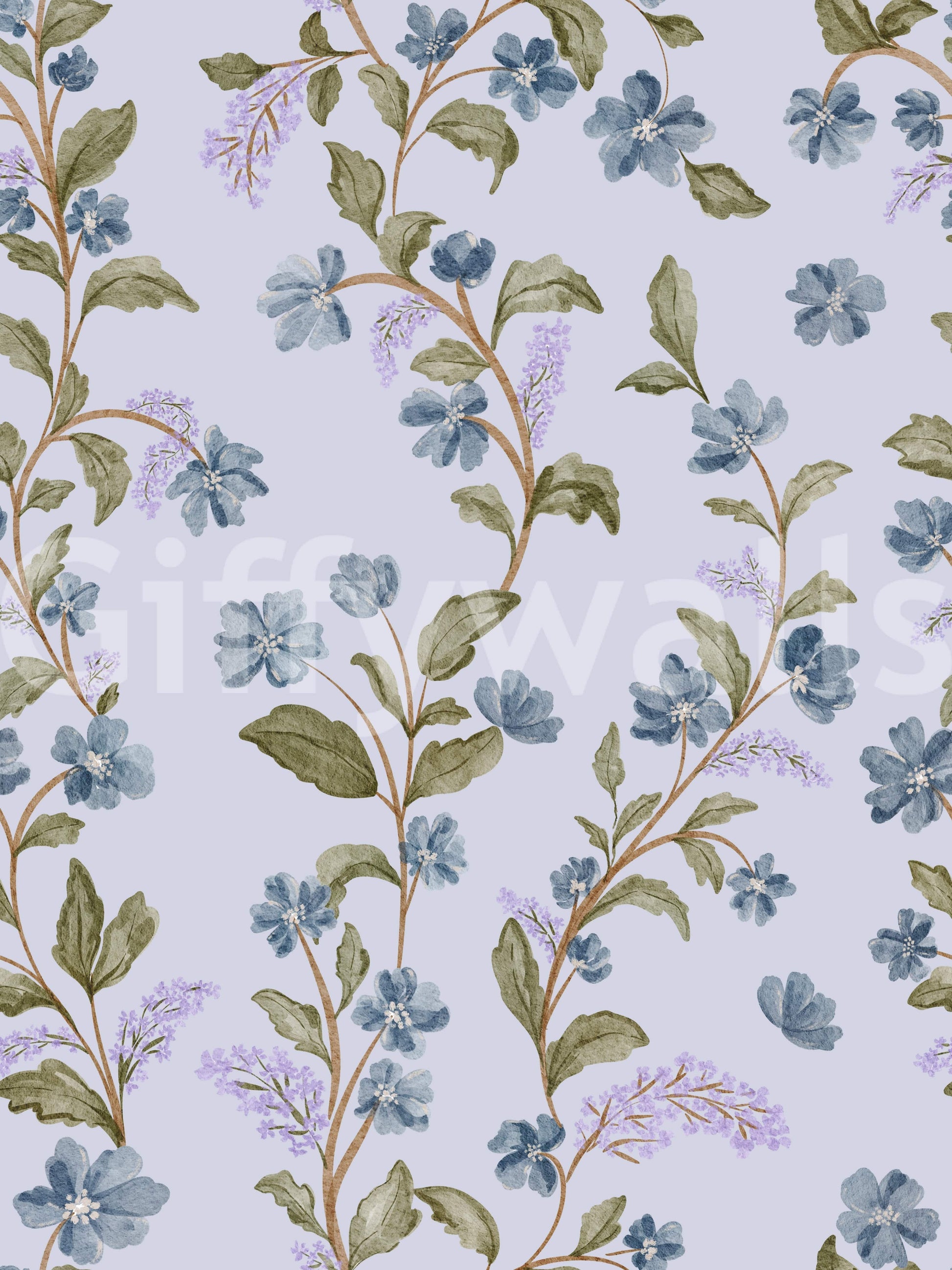 Whimsical field flowers Blue Blossom Trail custom wallpaper intricate vine scroll
