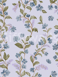 Whimsical field flowers Blue Blossom Trail custom wallpaper intricate vine scroll