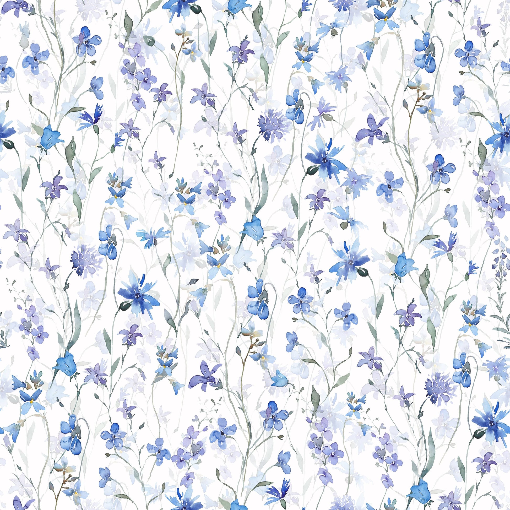 Elegant guest room featuring oversized blue floral prints in a sunlit space.