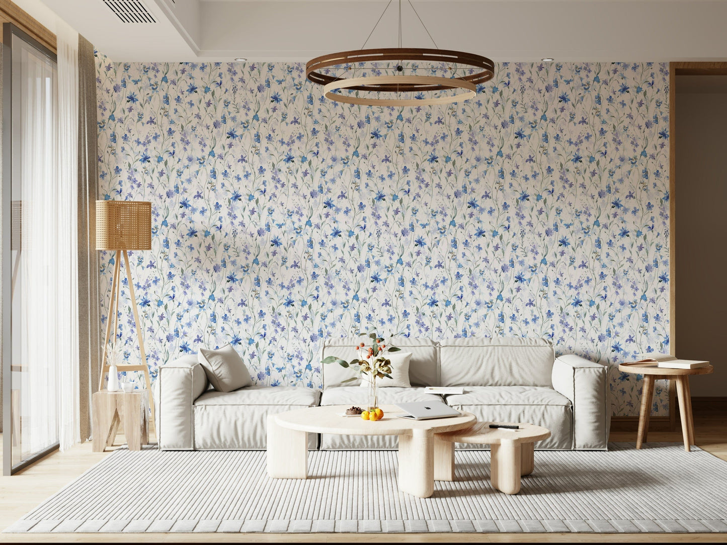 Azure Bloom Garden Wallpaper providing a soft background for a home workspace.