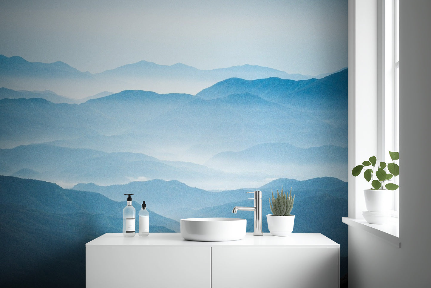 Dreamy azure mountain wallpaper for a feature wall.
