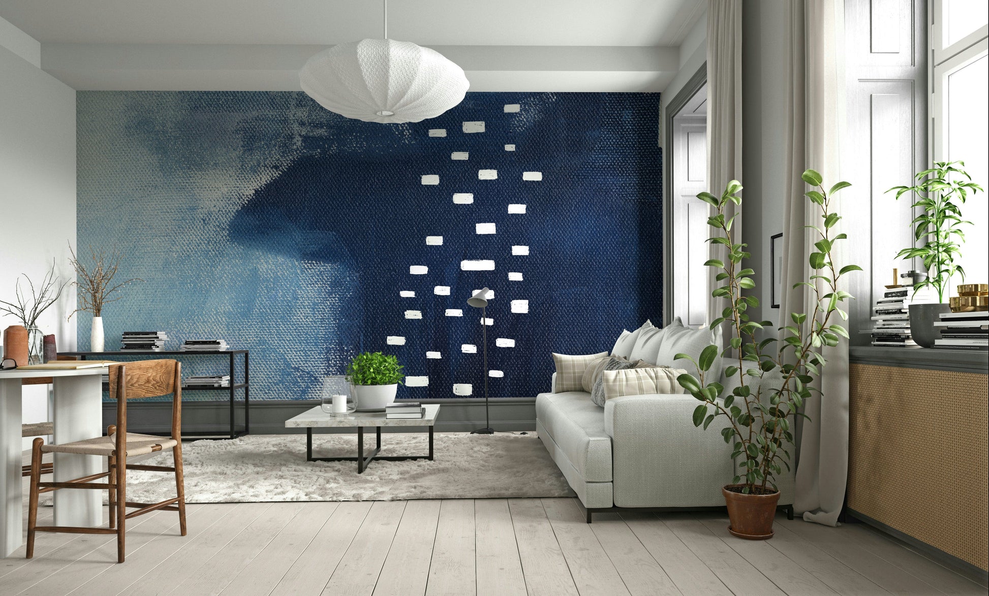 A graceful subtle pattern wall mural in cool, blue tones.

