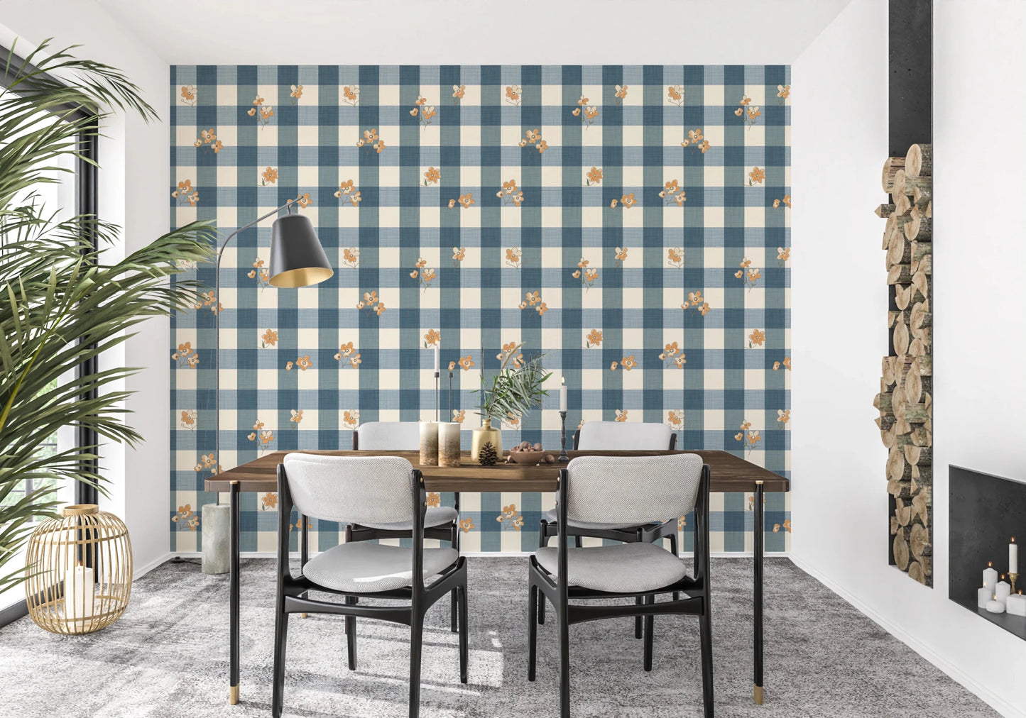 Blue Gingham Floral Country Cottage Wallpaper⁠