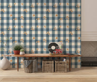 Blue Gingham Floral Country Cottage Wallpaper⁠