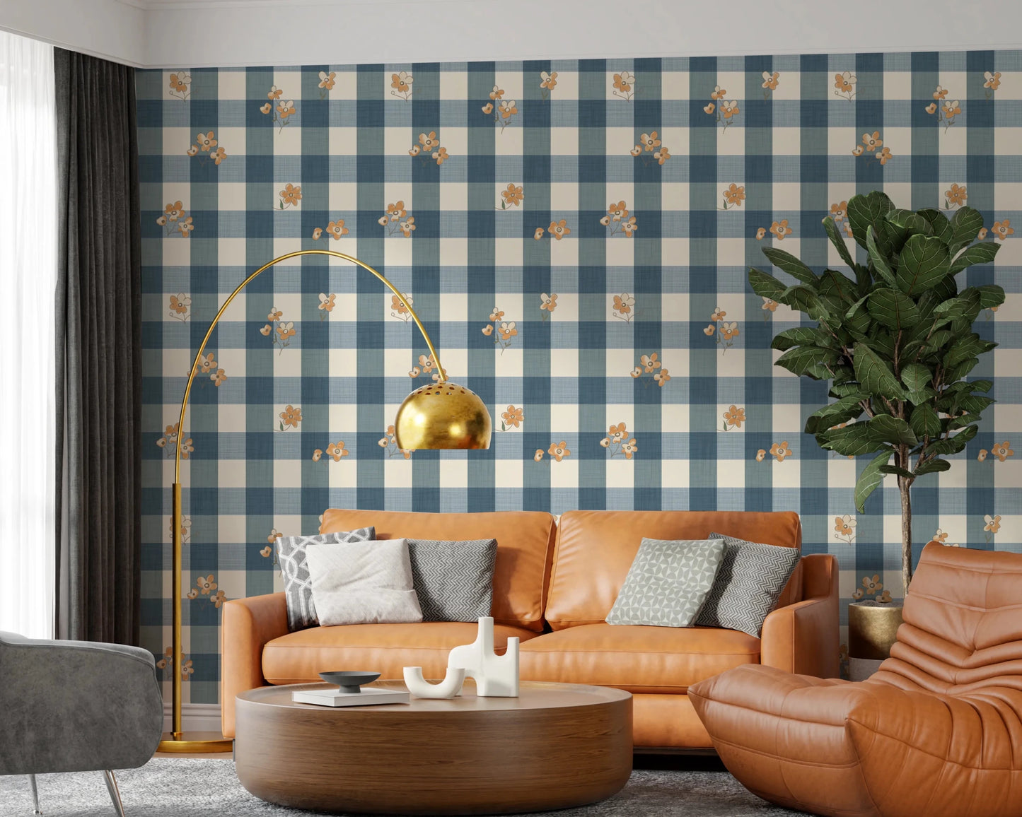 Blue Gingham Floral Country Cottage Wallpaper⁠