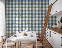 Blue Gingham Floral Country Cottage Wallpaper⁠