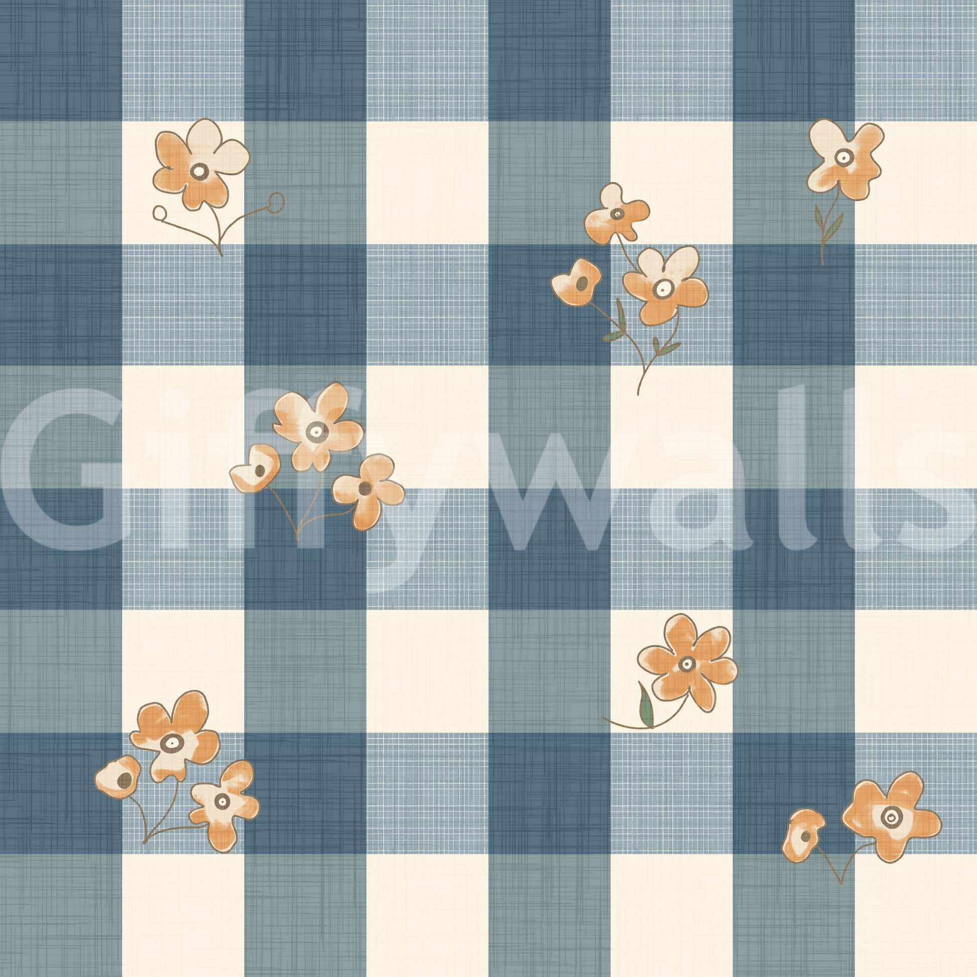 Blue Gingham Floral Country Cottage Wallpaper⁠