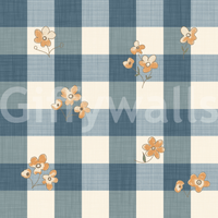 Blue Gingham Floral Country Cottage Wallpaper⁠