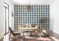 Blue Gingham Floral Country Cottage Wallpaper⁠
