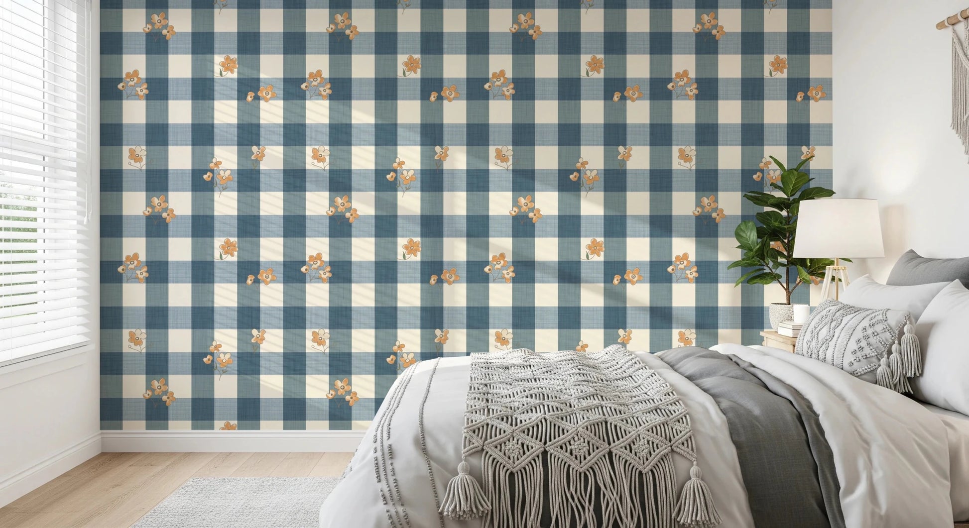 Blue Gingham Floral Country Cottage Wallpaper⁠