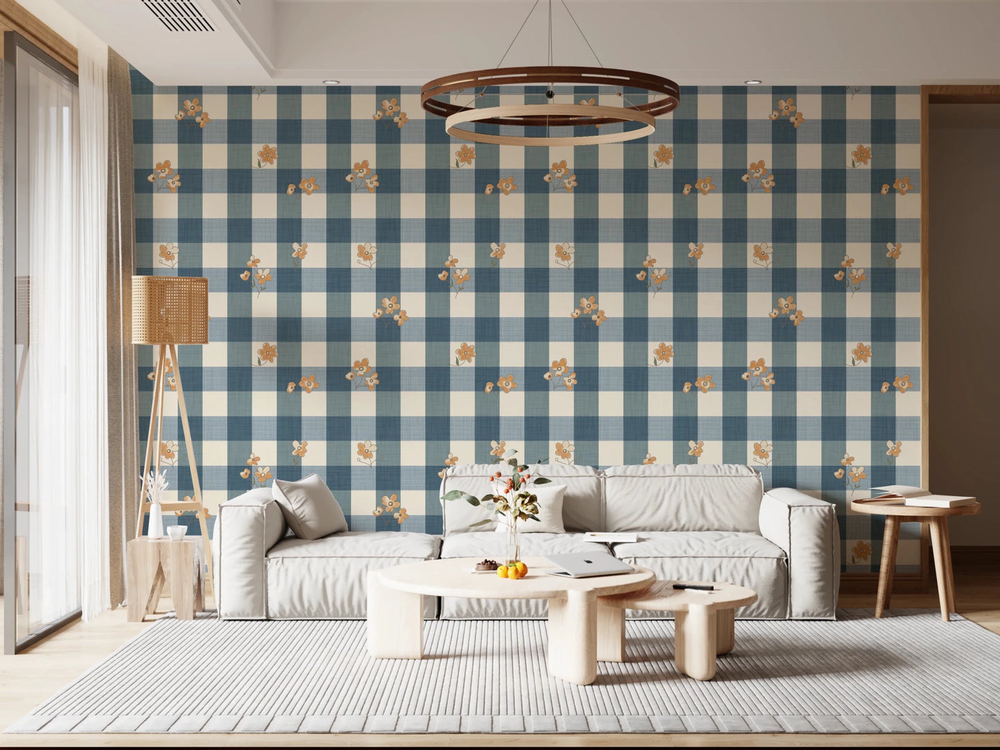 Blue Gingham Floral Country Cottage Wallpaper⁠