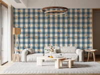 Blue Gingham Floral Country Cottage Wallpaper⁠