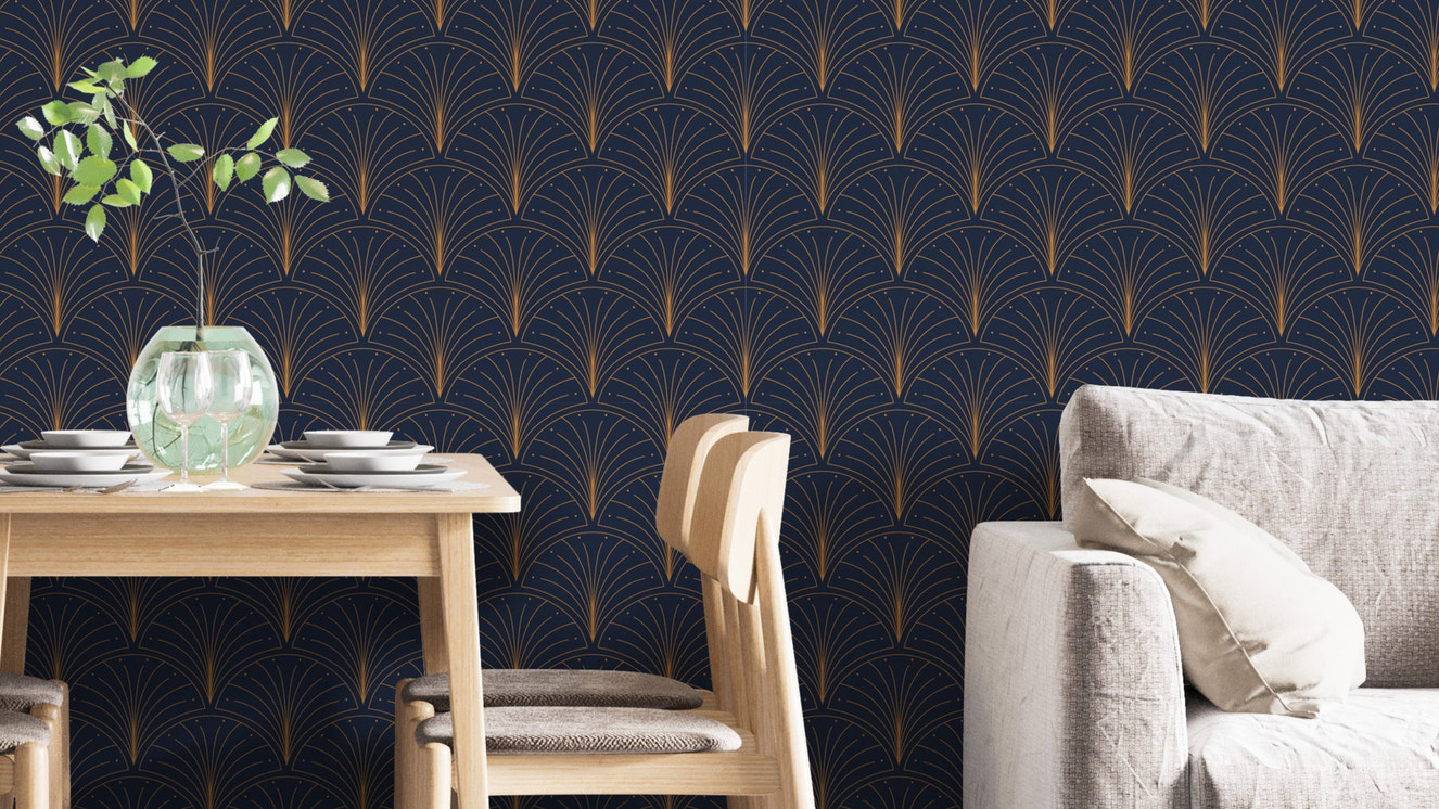 Elegant blue and gold art deco wallpaper
