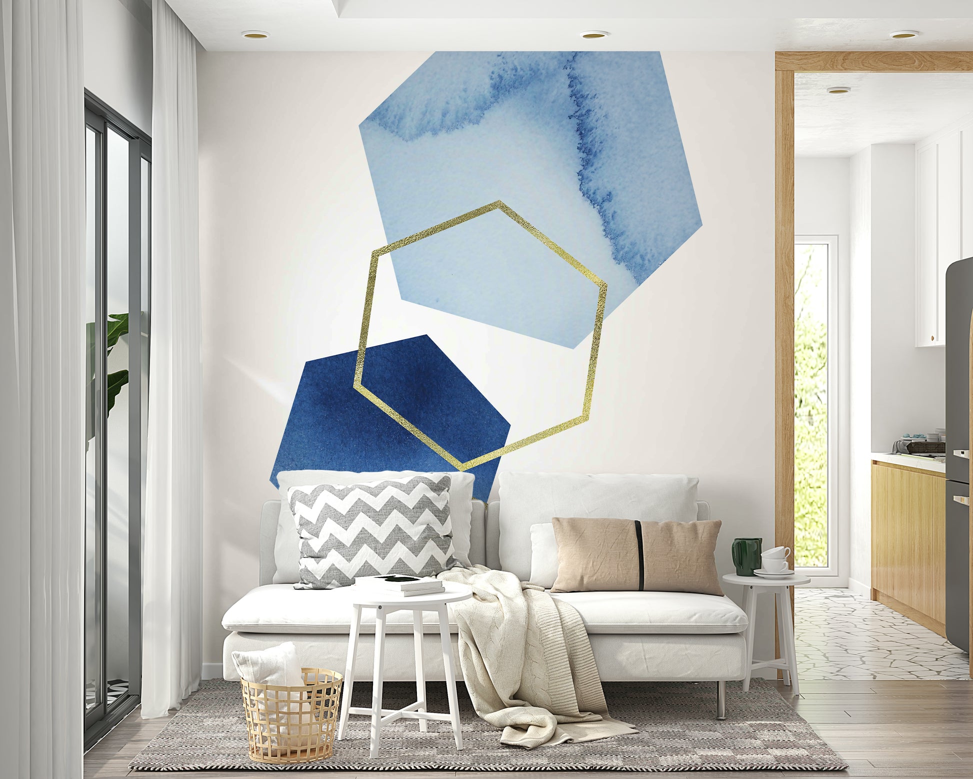 Bold blue and gold geometric wallpaper for an opulent touch