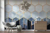 A classic abstract block wallpaper for walls with gold accents.