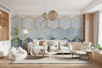 A serene abstract pattern wall mural with gold accents.