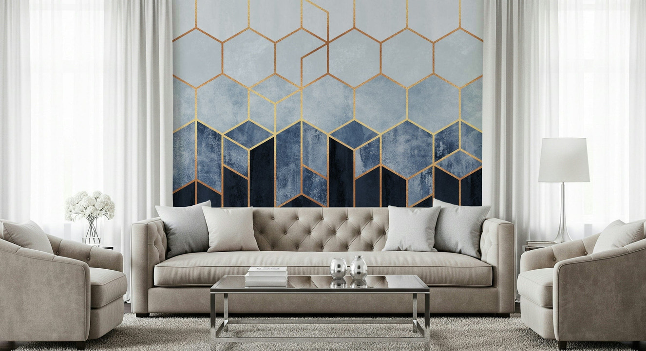 A beautiful gilded hexagon wallpaper mural for a modern home.