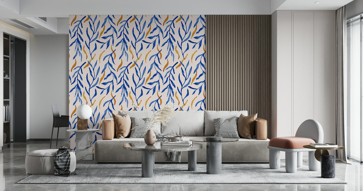 Blue and gold leaf pattern creating a refined, artistic wall design.