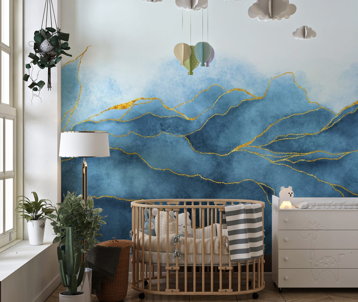 Blue Gold Watercolor Wallpaper Mural - Giffywalls
