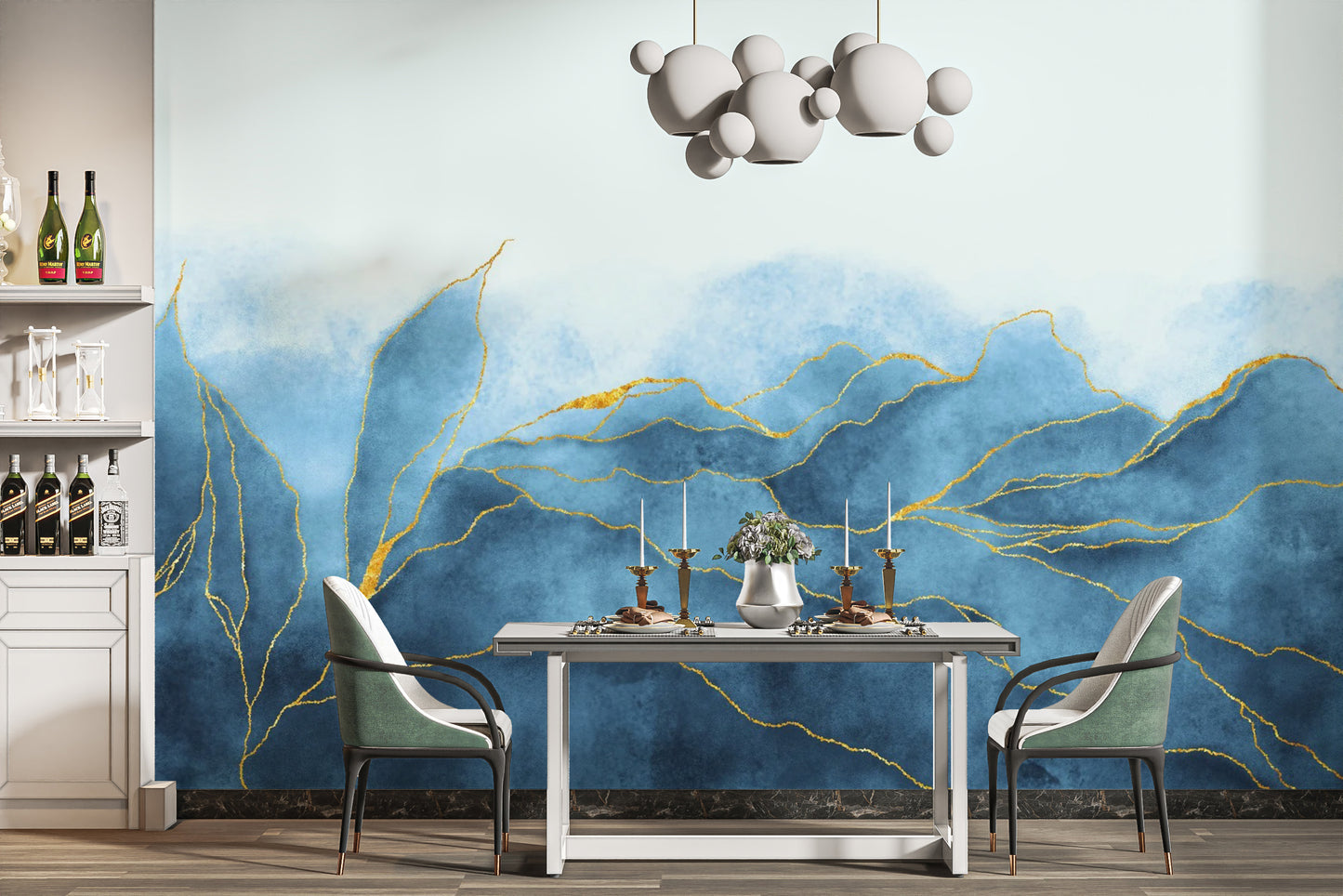 Blue gold watercolor wallpaper mural for luxurious decor.
