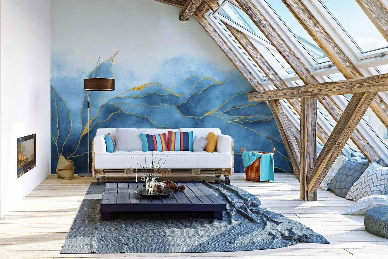 Elegant blue gold watercolor wallpaper with artistic vibes.