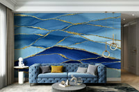 The wall art combines a flowing pattern with metallic accents.

