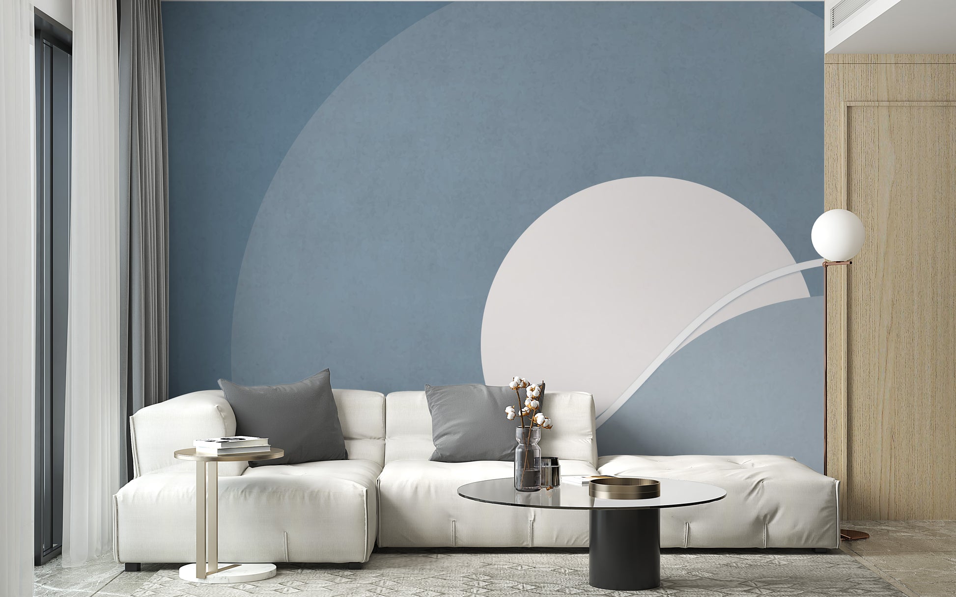 Artistic concentric mural with blue and gray hues
