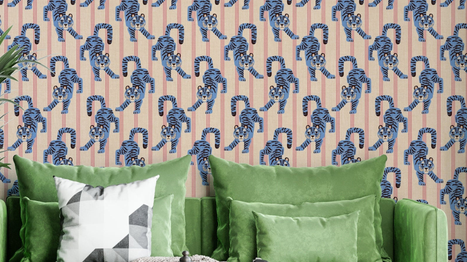 Blue jumping tiger jewel jungle wallpaper for bold decor

