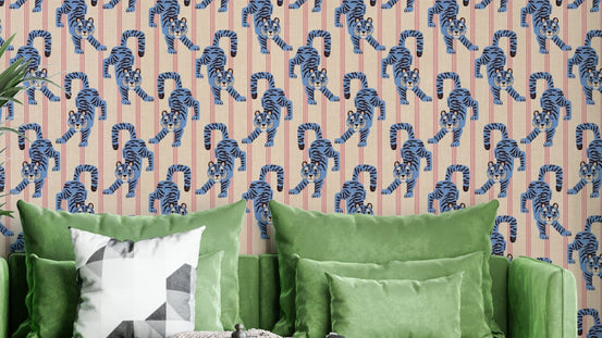 Blue jumping tiger jewel jungle wallpaper for bold decor

