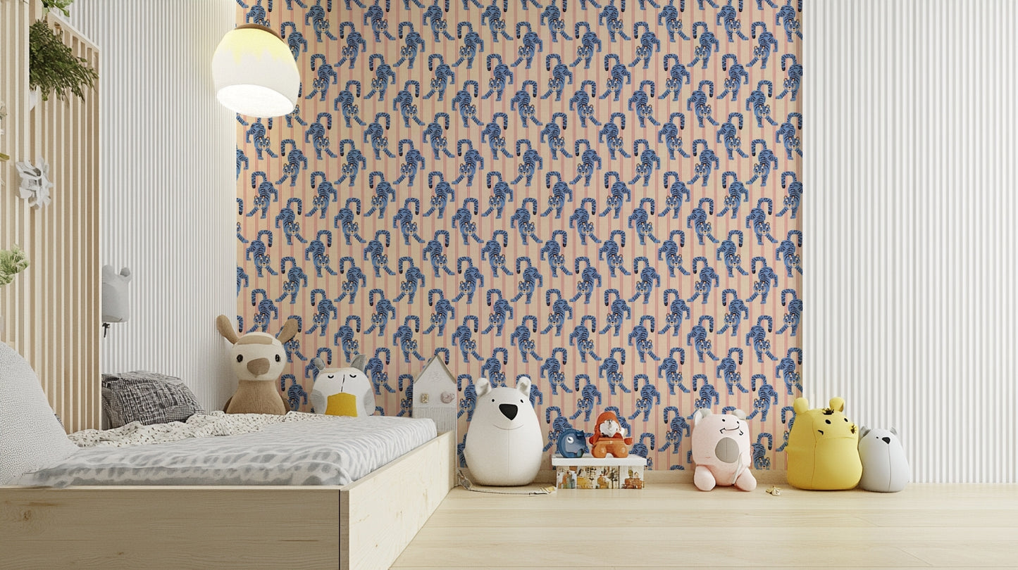 Jungle-inspired blue jumping tiger wallpaper with jewel touches


