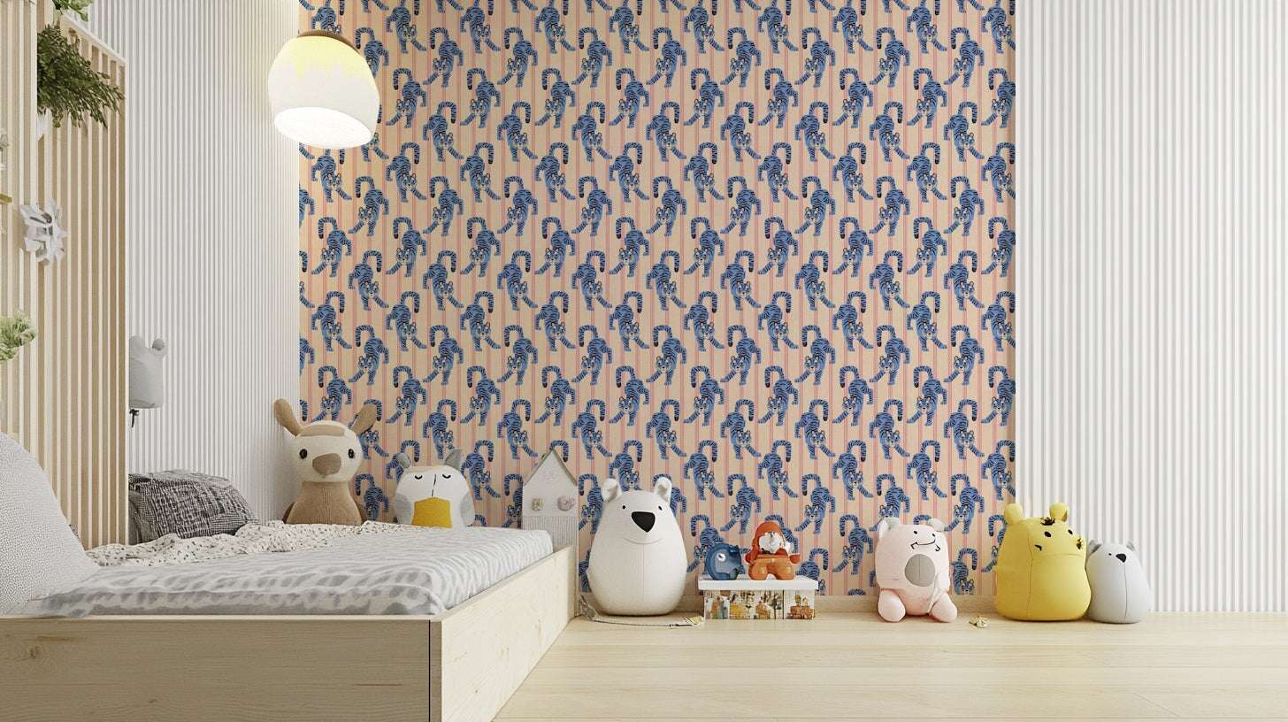 Jungle-inspired blue jumping tiger wallpaper with jewel touches

