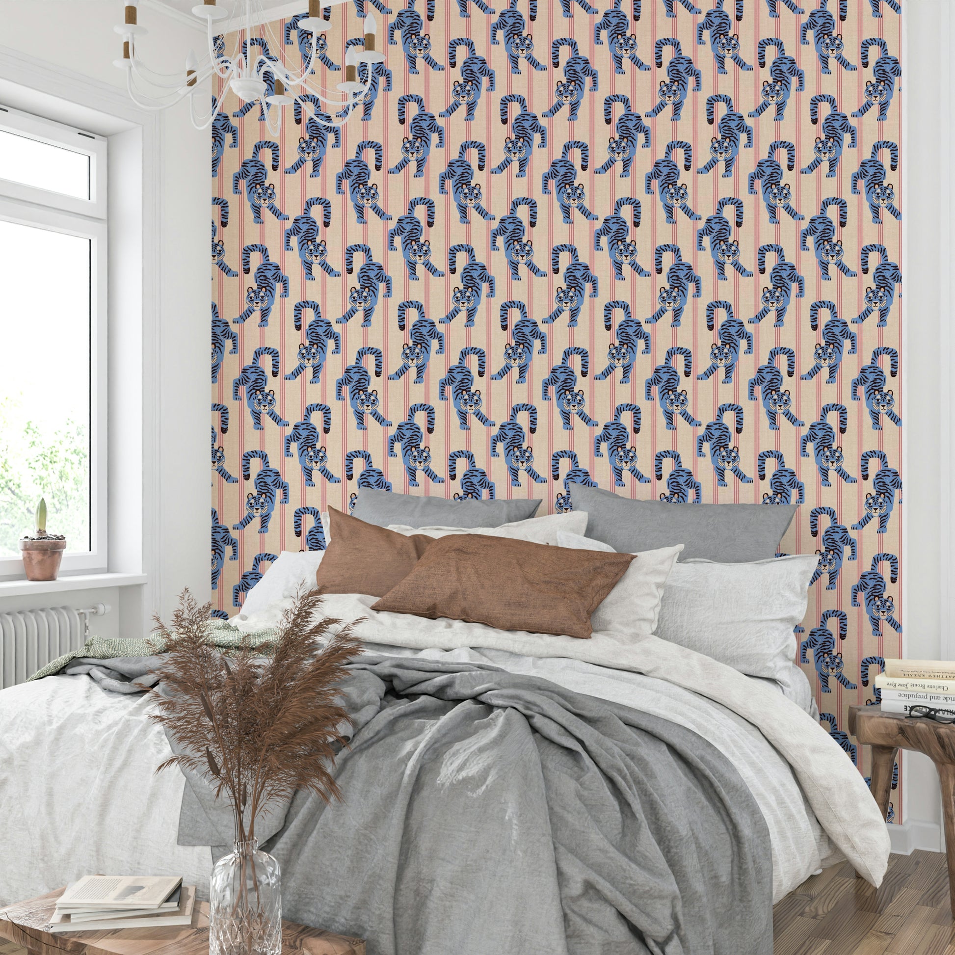 Blue tiger print wallpaper with jewel jungle accents for vibrant rooms

