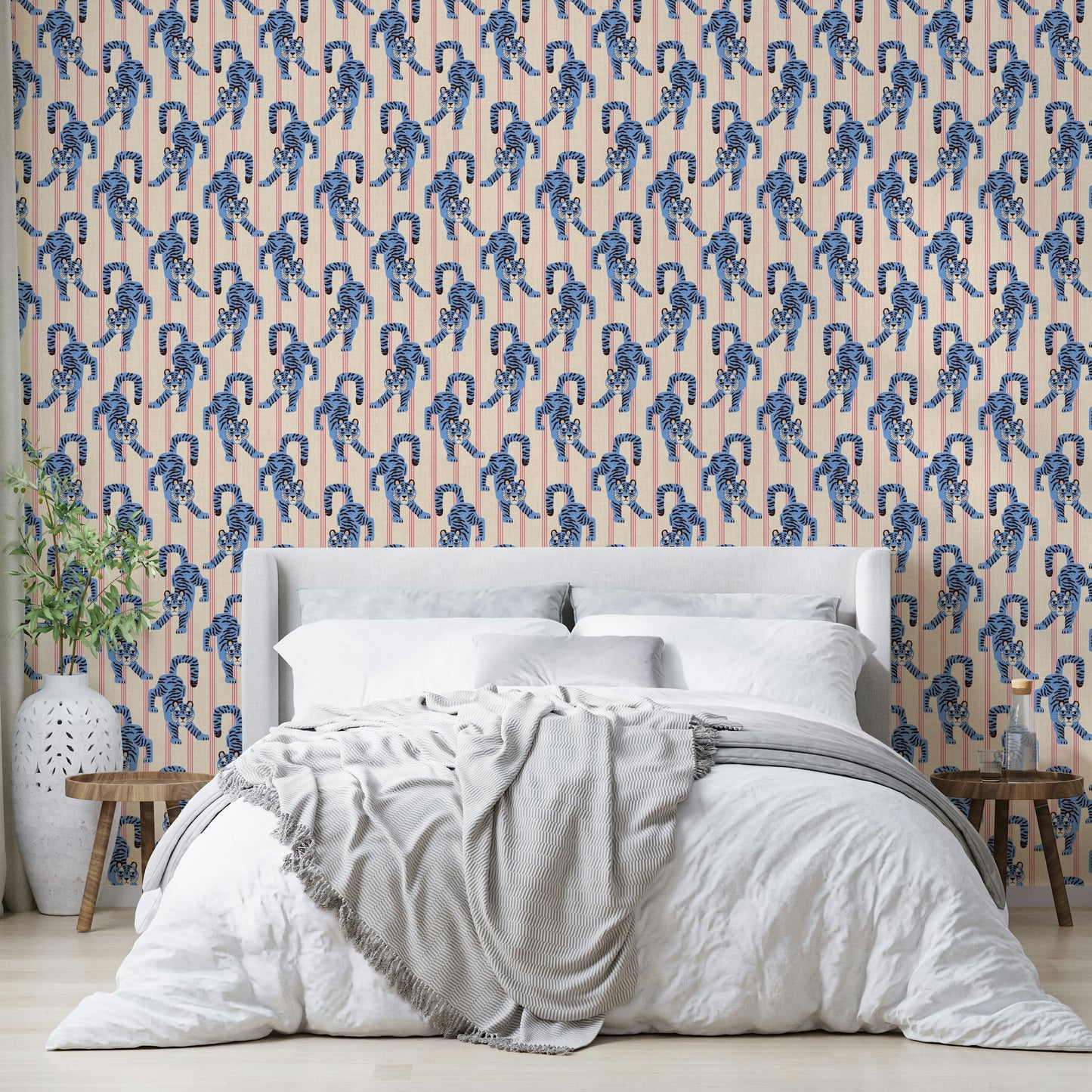 Bold blue jumping tiger wallpaper for a dynamic, jungle-inspired look

