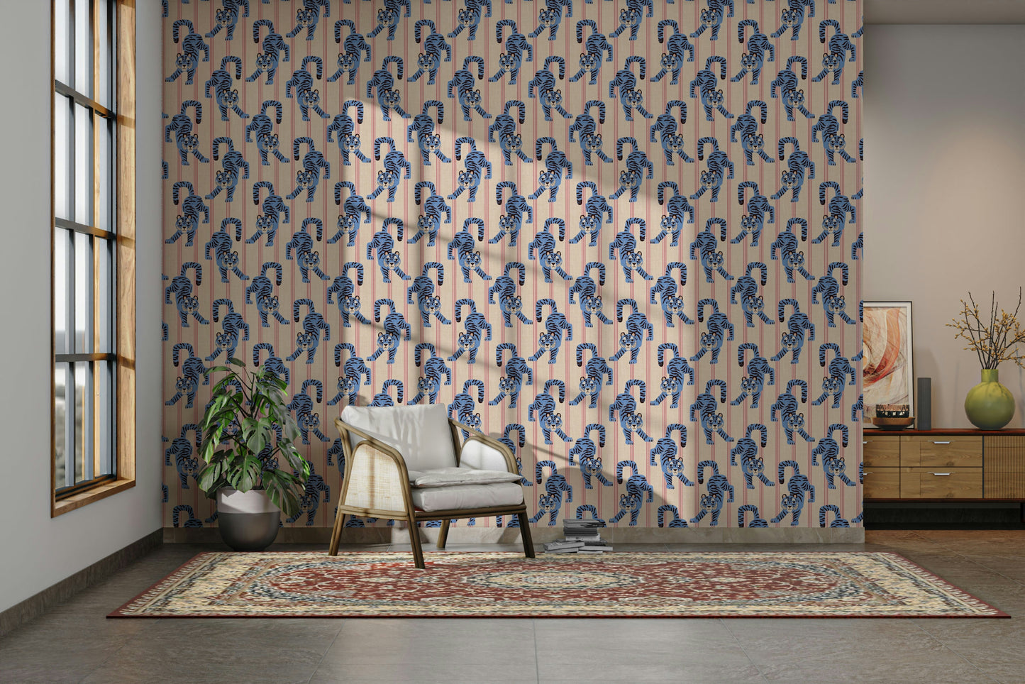 Playful blue jumping tiger wallpaper with rich jungle details


