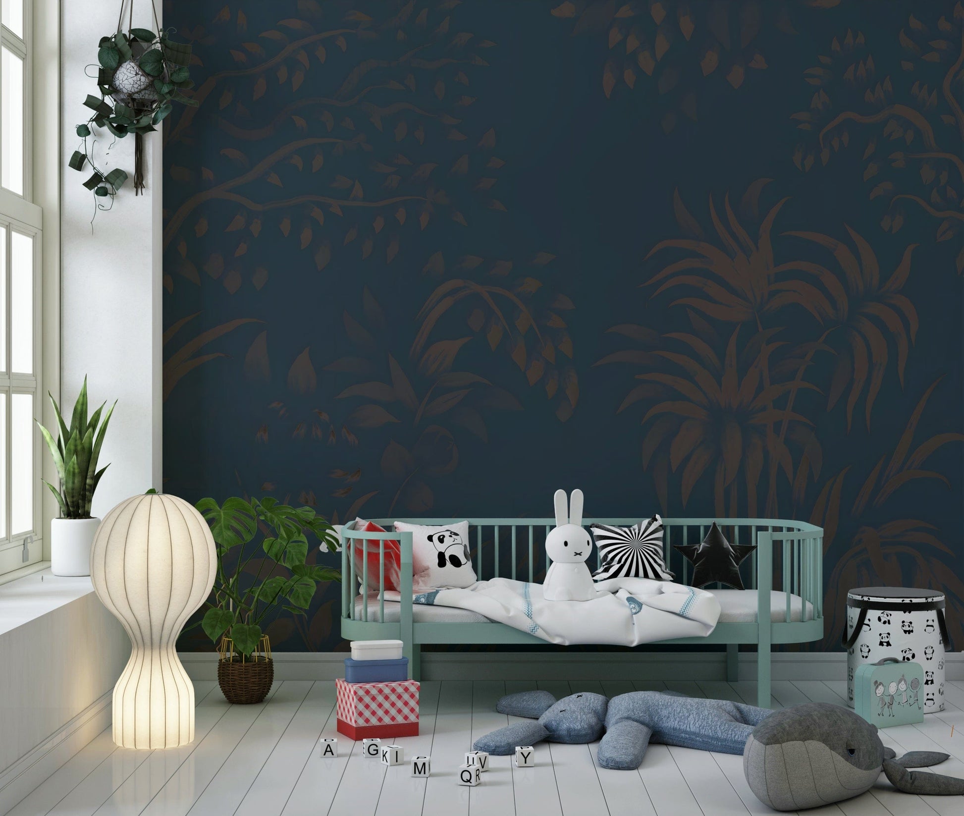 Textured leaves Twilight Canopy mural wallpaper deep navy bronze colors.