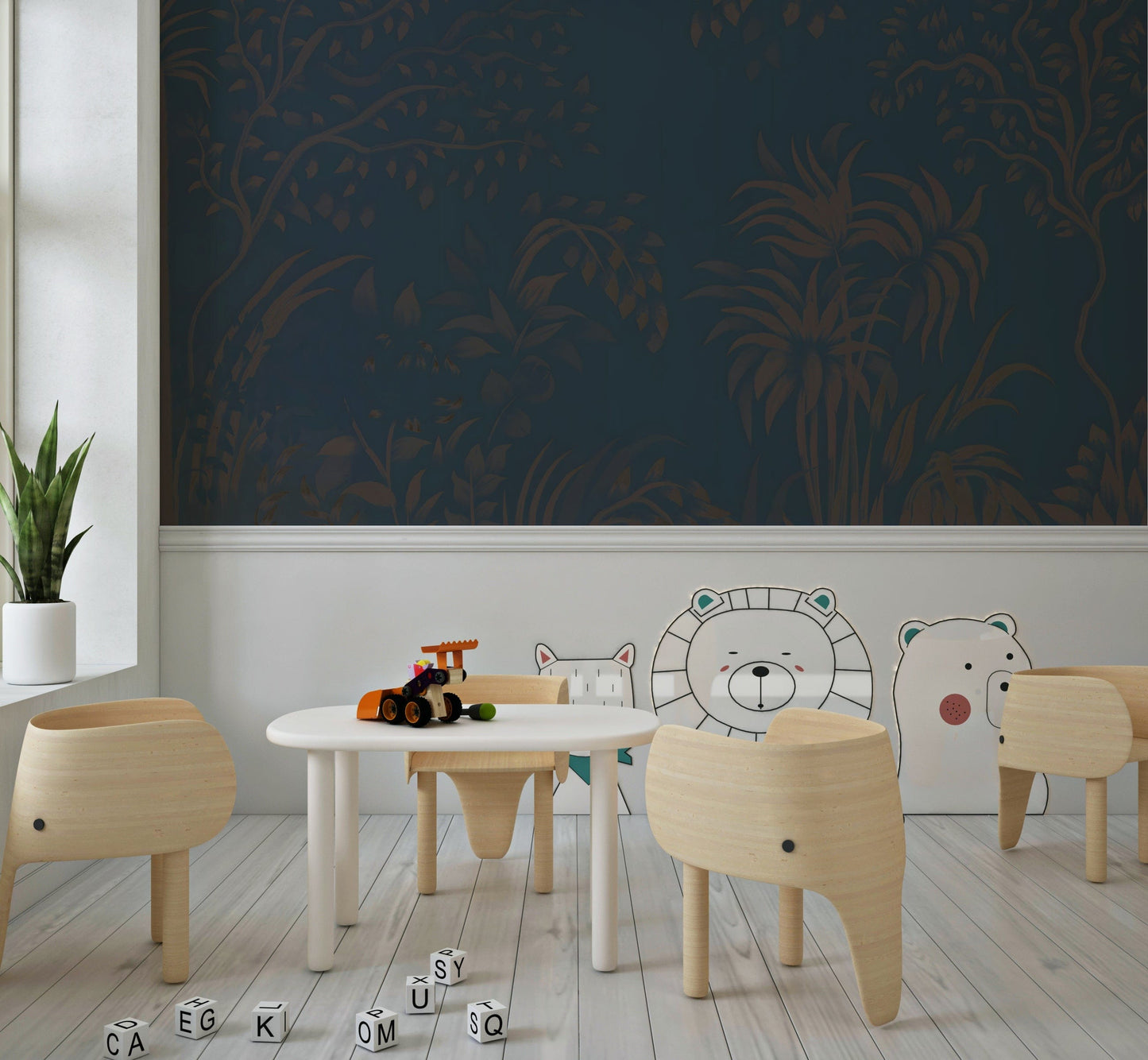 Oversized palm leaves Twilight Canopy wallpaper for walls designer pattern.