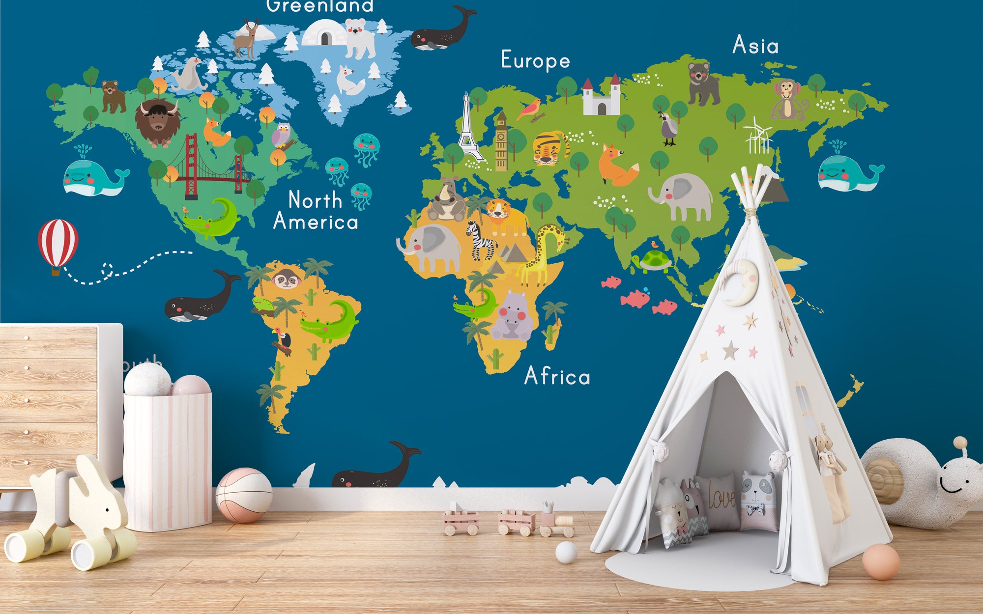 Kids World Map Blue wallpaper mural shown as a full feature wall that highlights the design