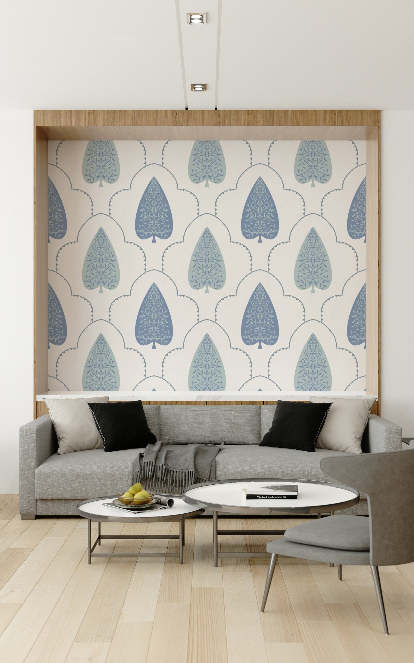 Artistic Blue Botanic Arbor mural wallpaper, clean white background.