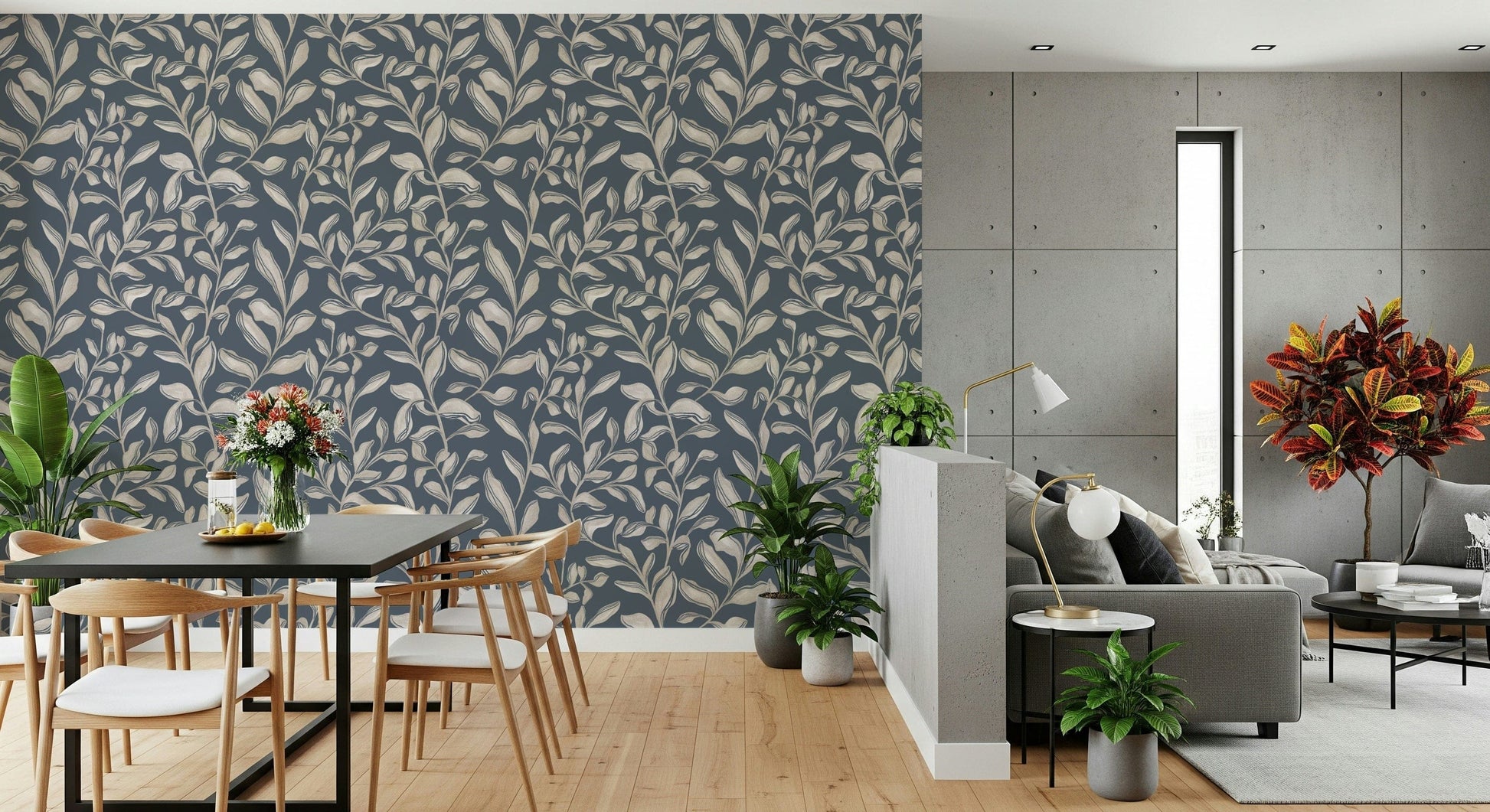 Nature inspired Ethereal Leaves accent wall wallpaper mural.