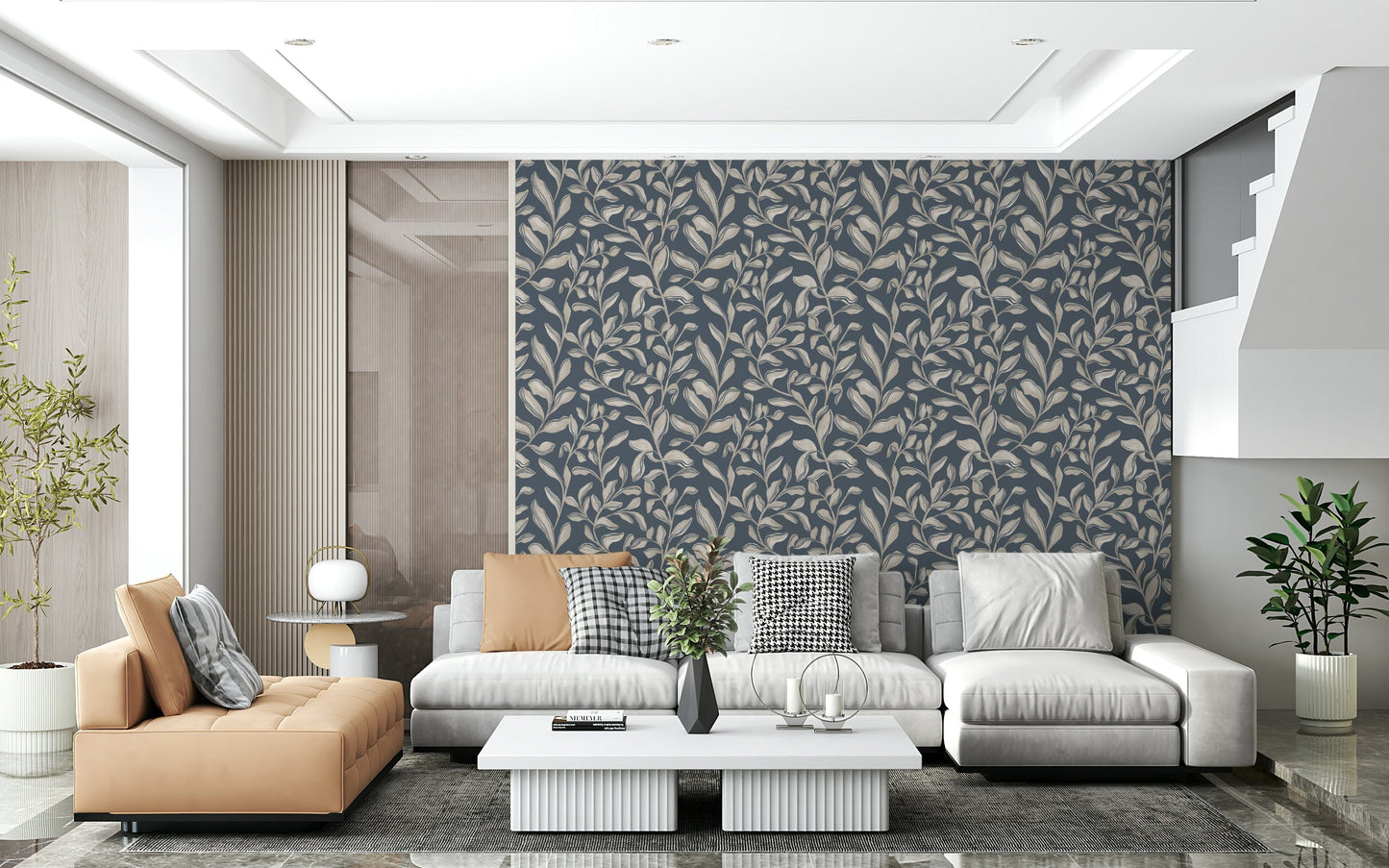Sophisticated neutral stems Ethereal Leaves premium wallpaper for walls.