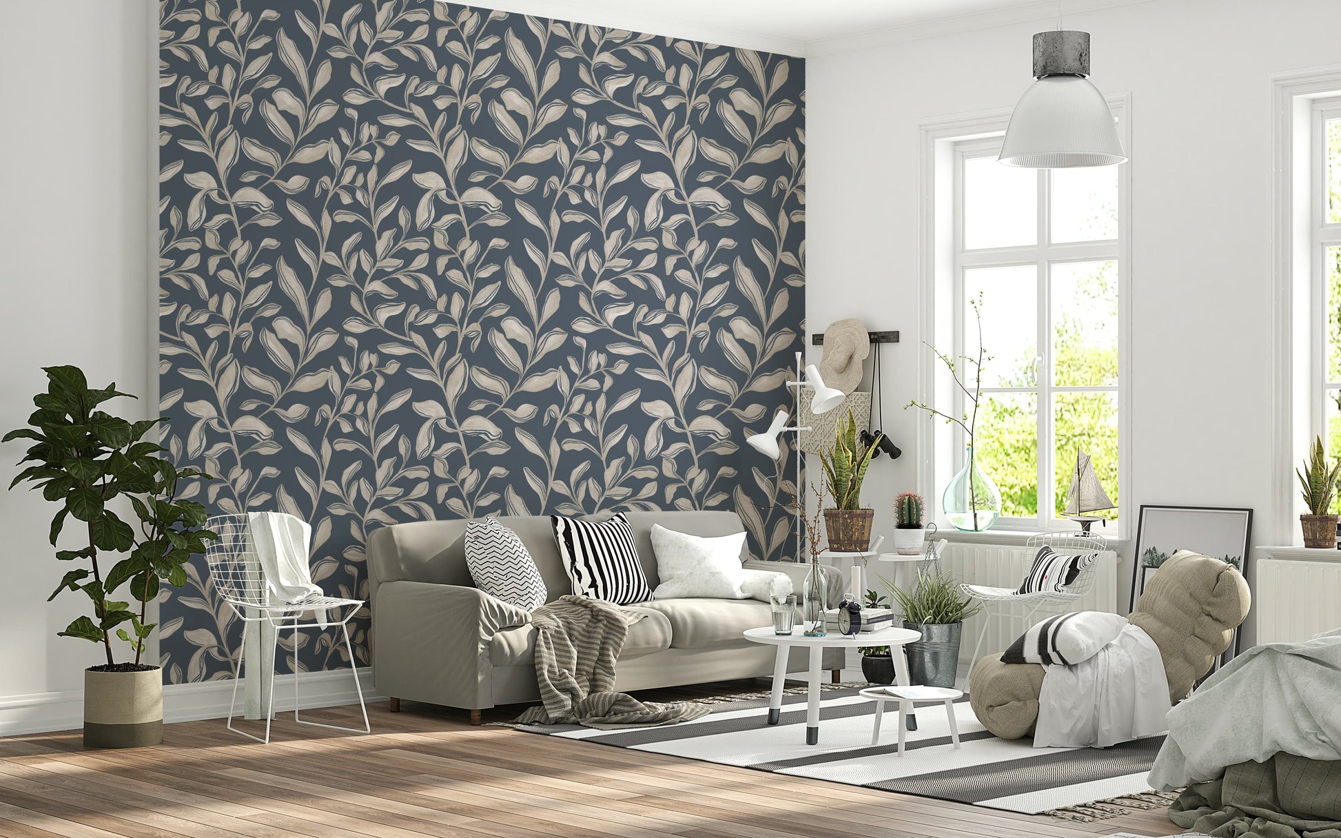 Ethereal Leaves botanical wallpaper mural in dusty navy tones.