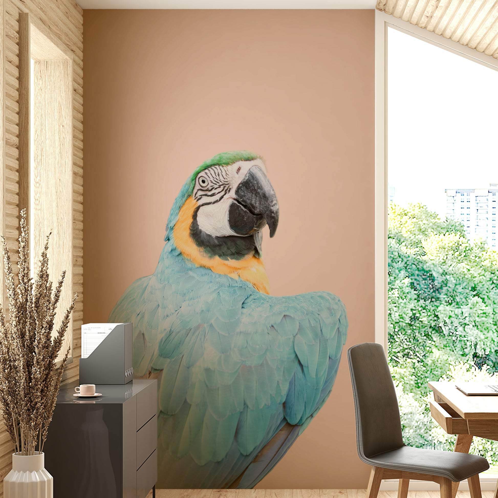 Nature-inspired mural with bright macaw bird

