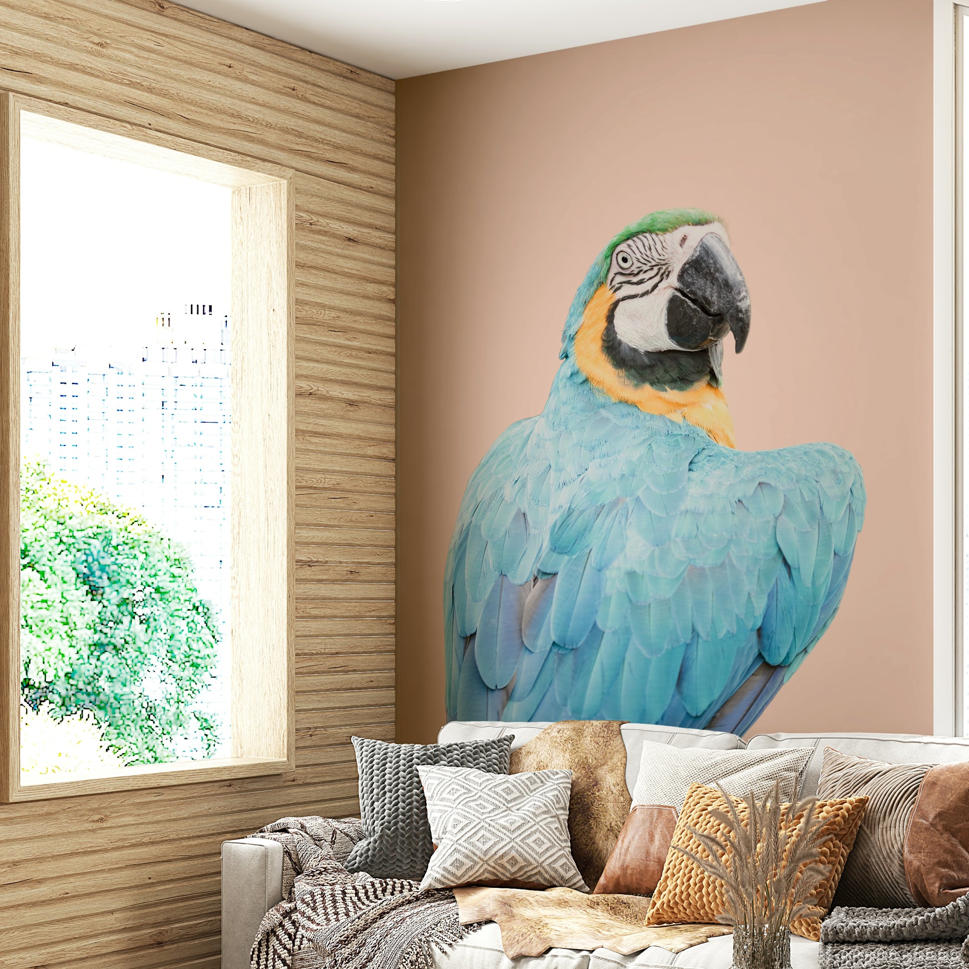Living room with Blue Macaw mural wallpaper

