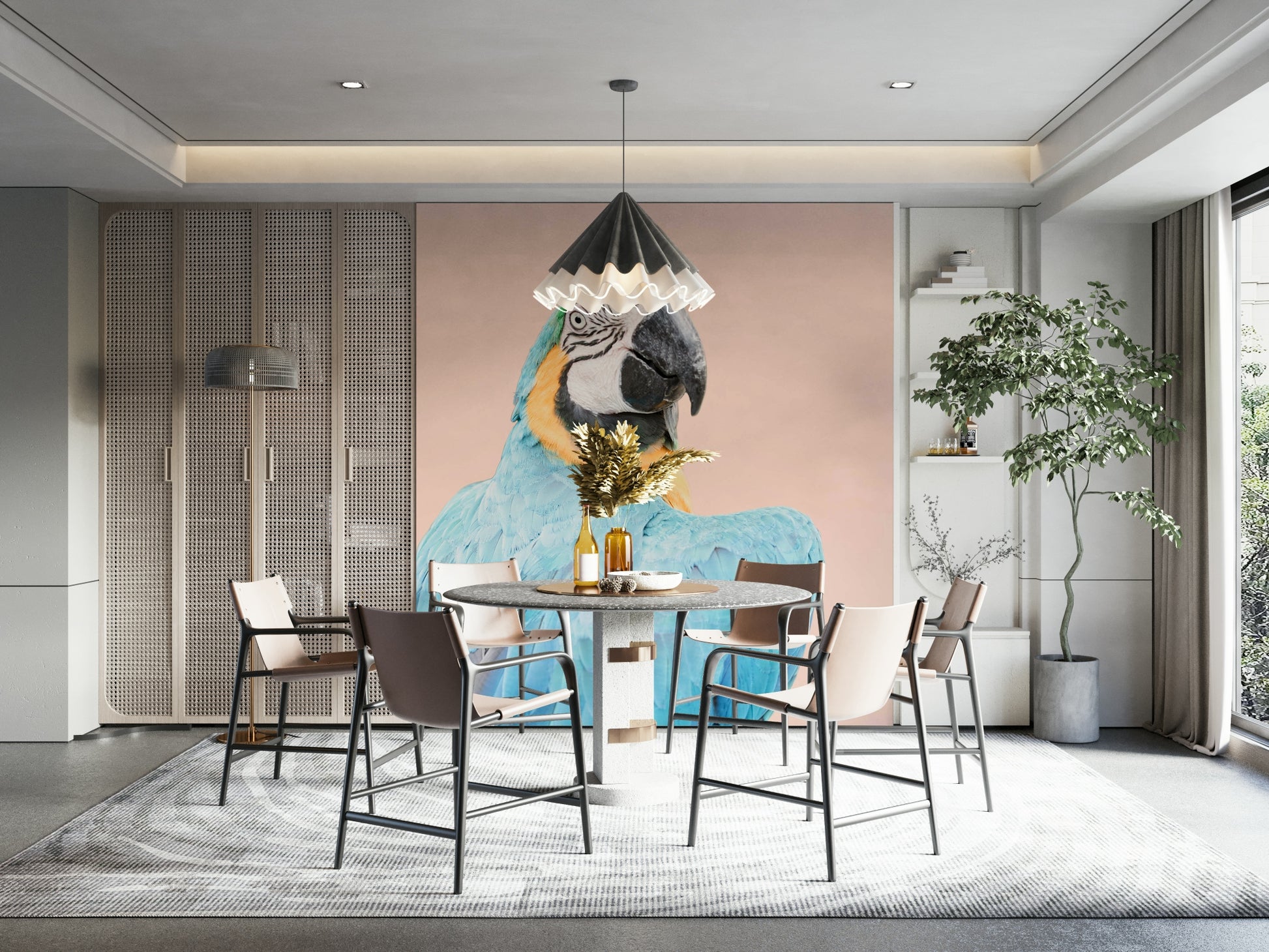 Tropical bird mural in vibrant blue and green hues

