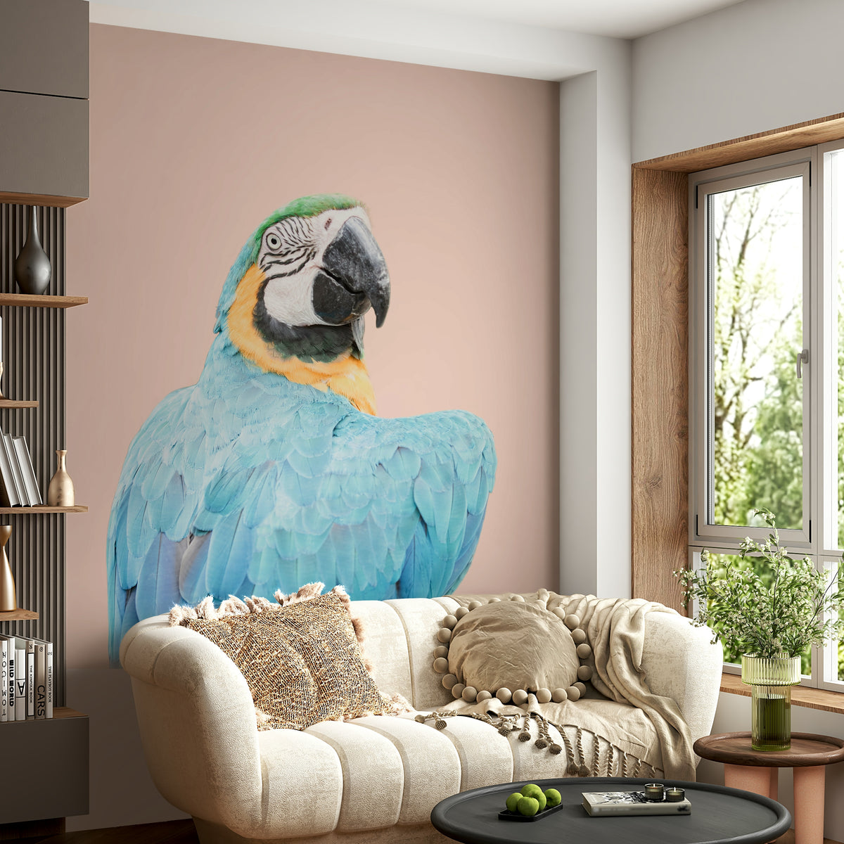Bedroom styled with Blue Macaw wall mural


