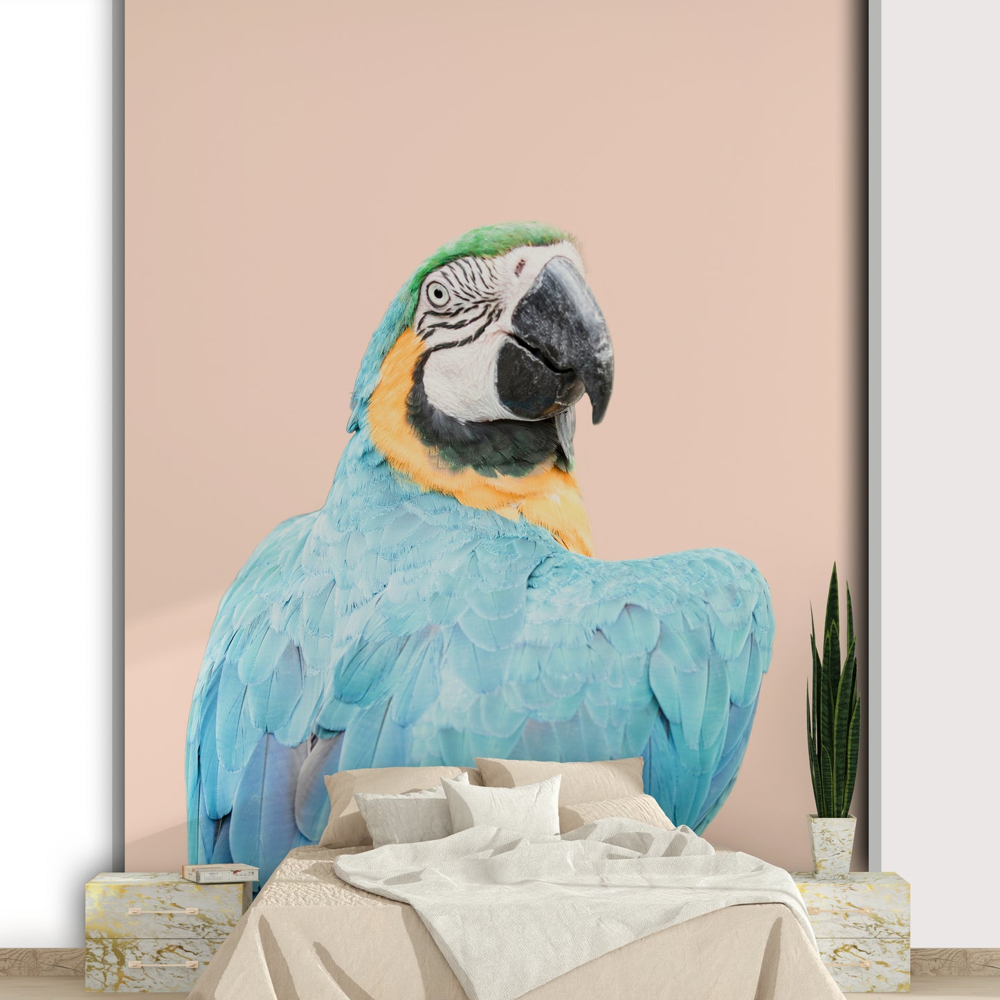 Exotic Blue Macaw perched on branch wall mural

