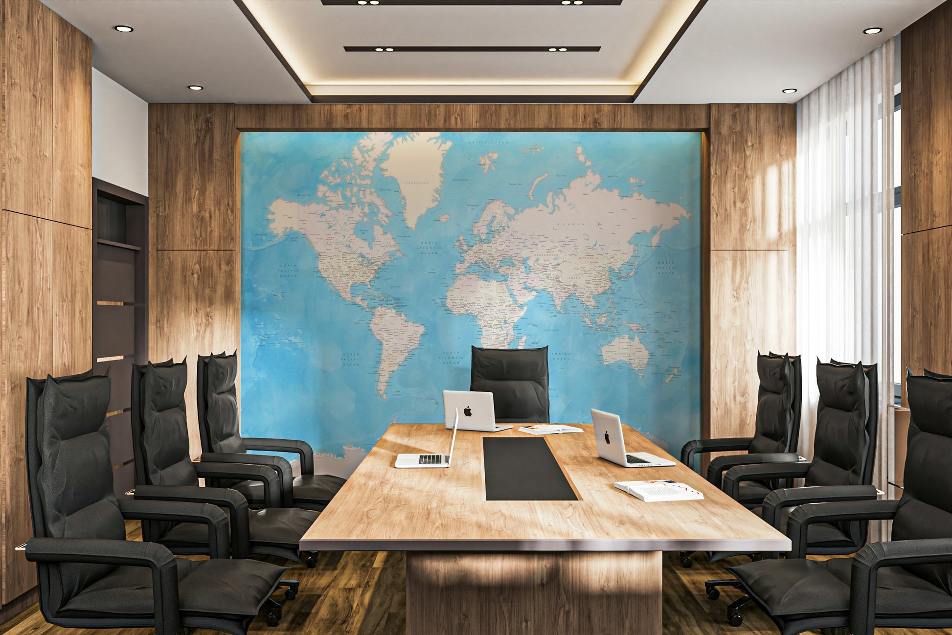Soft blue watercolor wall mural featuring global map

