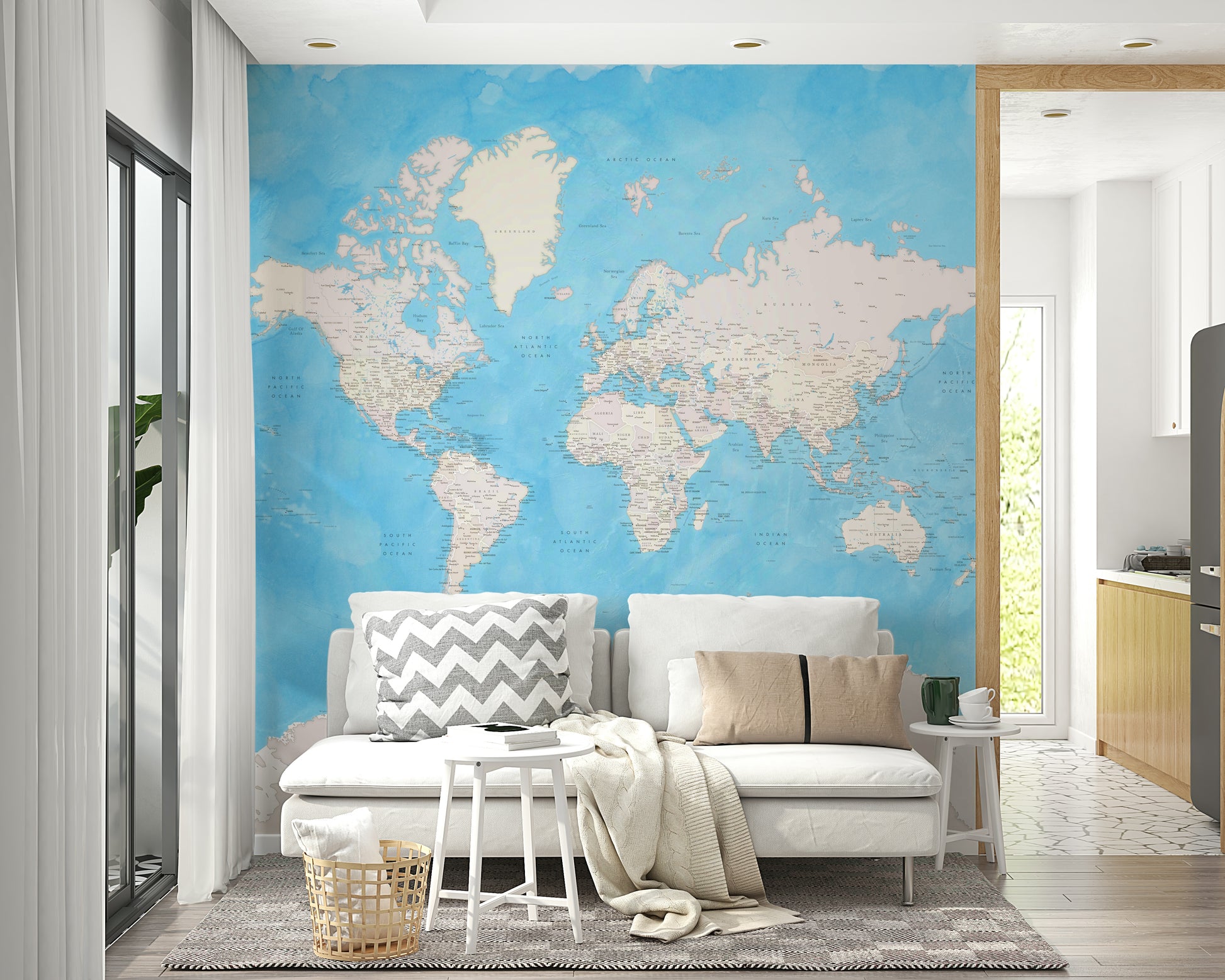 Blue world map wallpaper for coastal or minimalist décor

