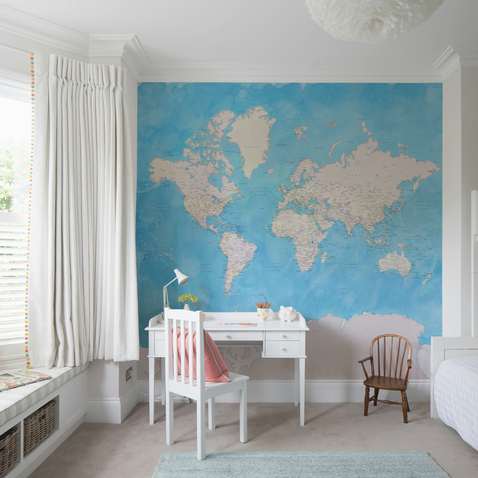 Decorative world map in artistic blue watercolor wash

